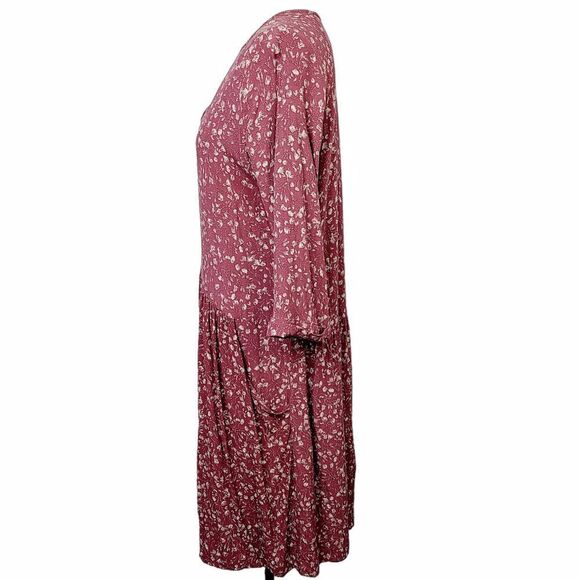 Garnet Hill Dress 18 Maroon Red Floral A-Line V-Neck 3/4 Sleeve Pockets - Picture 3 of 12